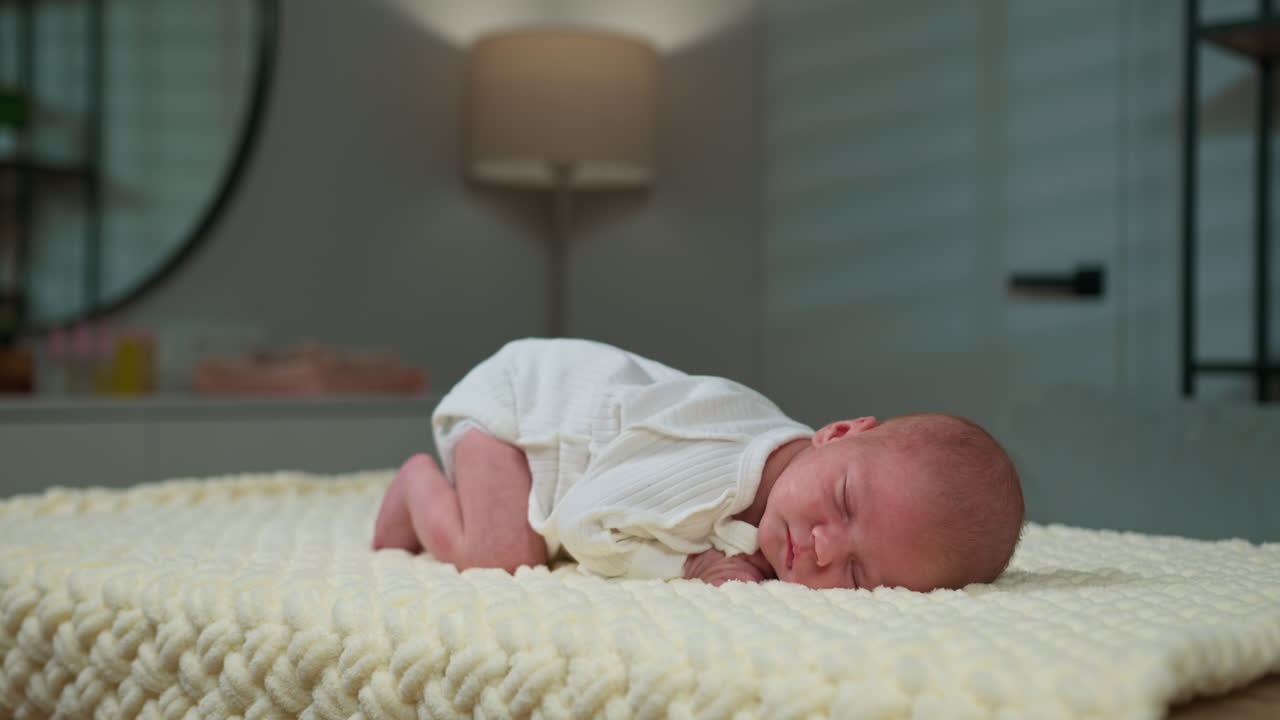 Neonato in tutina bianca su una morbida coperta ruvida in una stanza scarsamente illuminata, che incarna tranquillità e