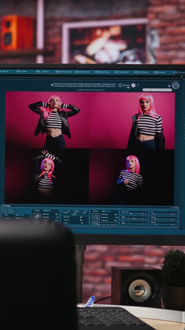 Vertical video Computer in home office showing program converting text prompts into photos