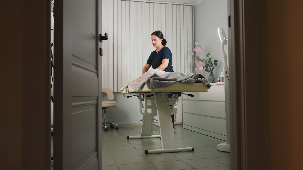 Doorway view of beauty expert with tied hair using elbow and hands to massage back of relaxed spa guest lying face down on adjustable massage table in serene modern treatment room