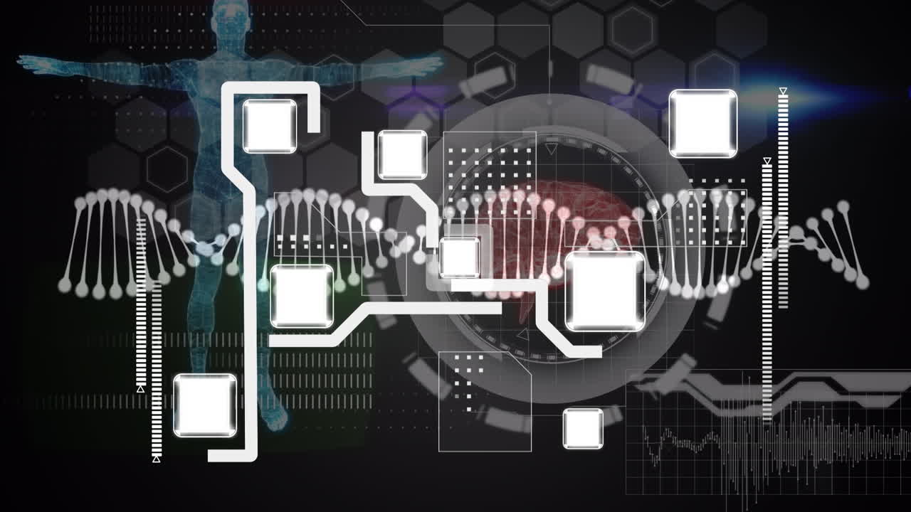 animación del procesamiento de datos con cadena de adn a través de una red de conexiones en fondo negro