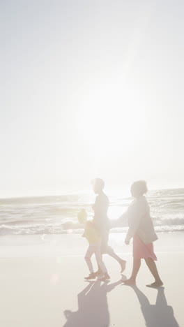 verical video of african american grandmother, mother and daughter walking at beach, in slow motion