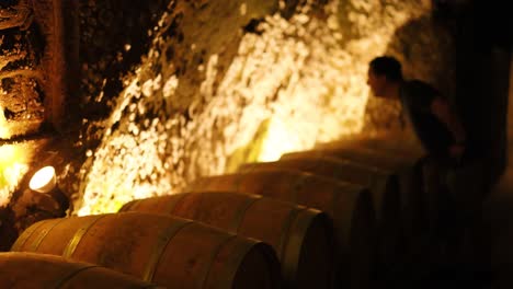 tourist examines barrels in historic cave setting