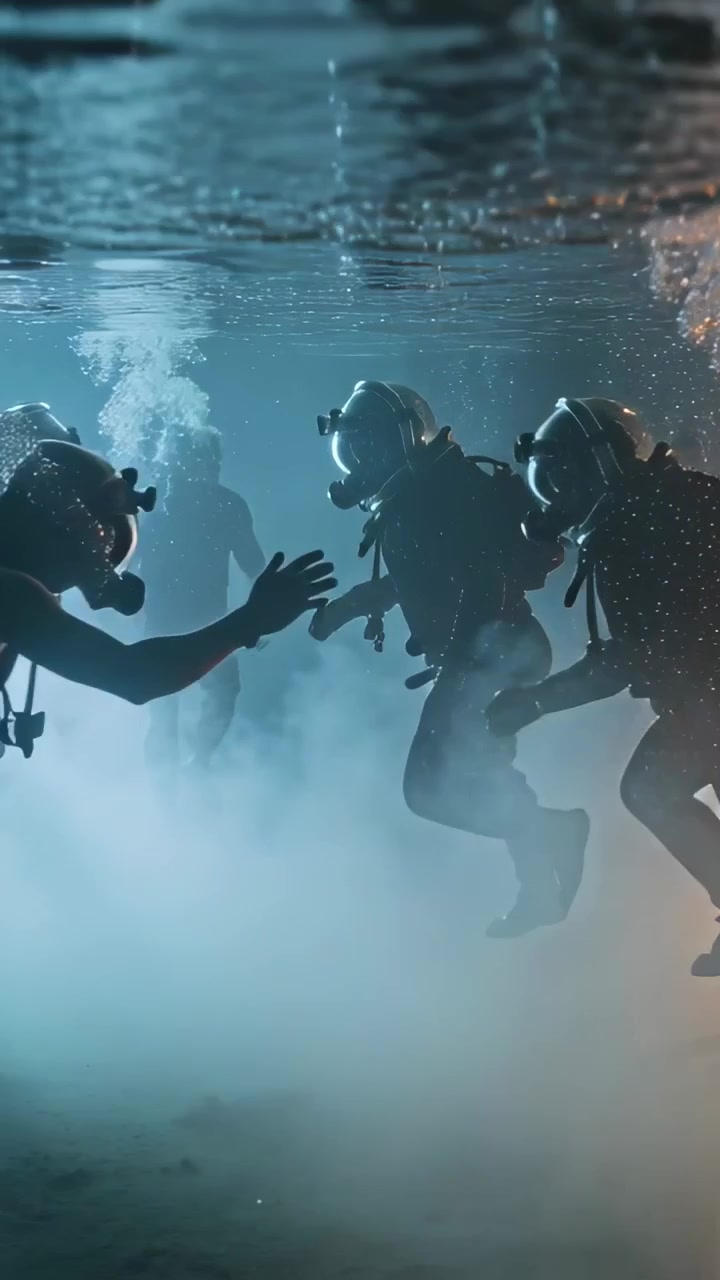 Vidéo verticale: Après le signal de départ, un plongeur en combinaison et casque se déplace près de la surface vers son équipe pour se regrouper