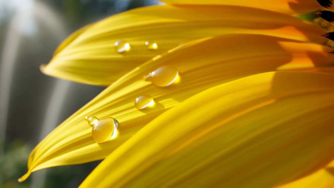 Gotas claras captan la luz cálida en pétalos dorados en capas mientras un movimiento gradual de la cámara revela más del centro del girasol a la derecha, con un suave follaje verde desenfocado detrás.