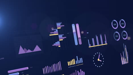 animación de múltiples gráficos y números cambiantes en círculos de carga contra un fondo abstracto