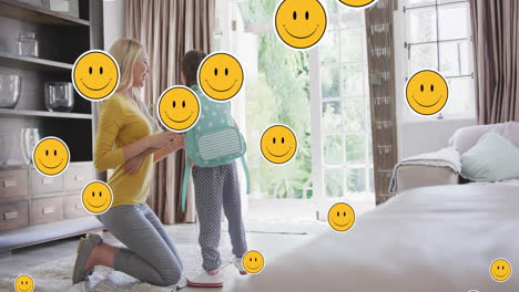 animación de caras sonrientes sobre una madre caucásica feliz preparando a su hija para la escuela