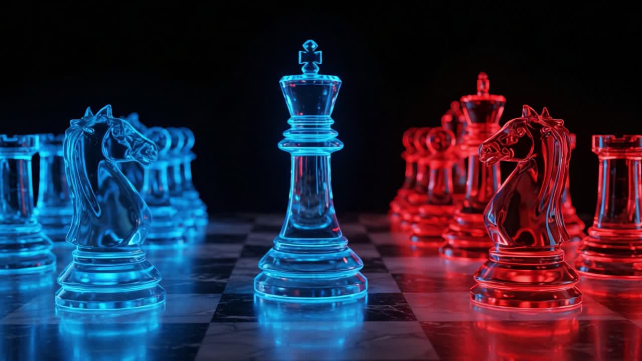 A Brilliant Display of Strategy: A Mesmerizing Chessboard with Glowing Blue and Red Pieces Illustrating the Timeless Game of Intellect and Tactics