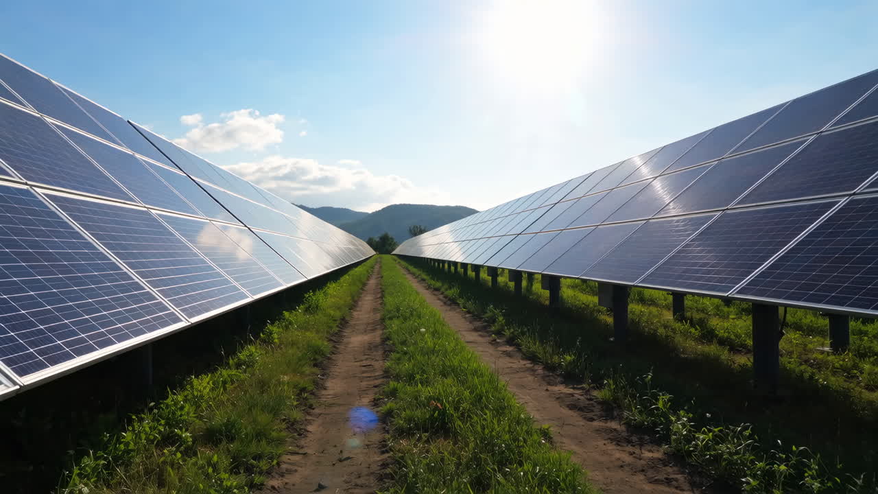 Rows of solar panels in a field under a sunny sky, with a path in between