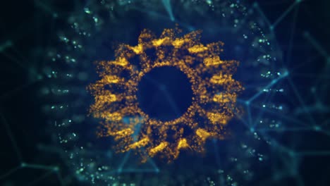 4k video of golden circle of particles on blue background.