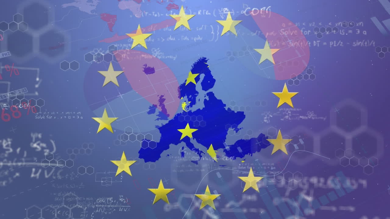animación de las estrellas giratorias en la bandera y el mapa de la ue contra el procesamiento de datos estadísticos