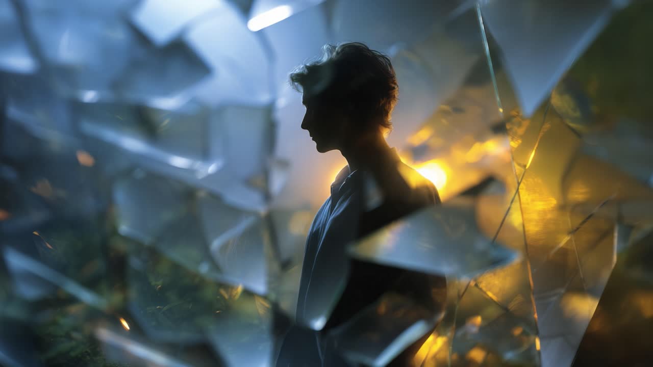 Uma Silhueta Emoldurada por Vidro Estilhaçado, Capturando um Momento de Intriga e Reflexão com um Belo Jogo de Luz e Cor por Trás do Vidro