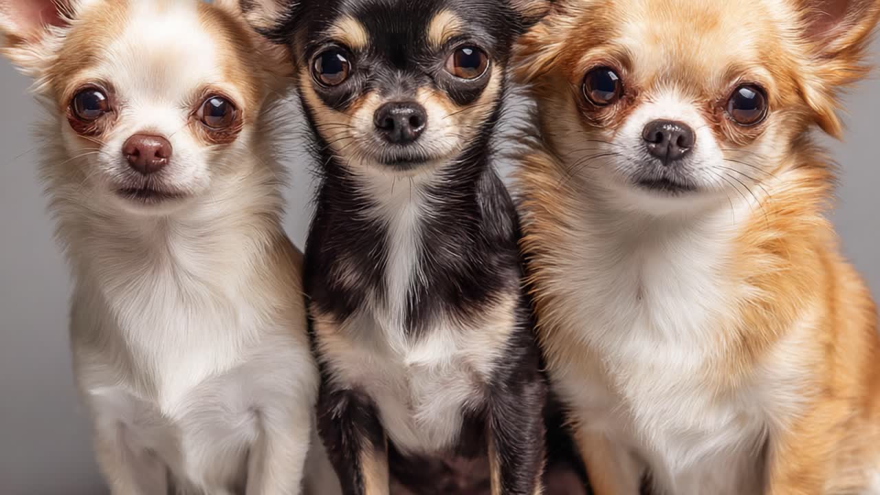 A Heartwarming Trio of Chihuahuas Posing Together: Captivating Expressions and Adorable Features Showcase Their Unique Personalities
