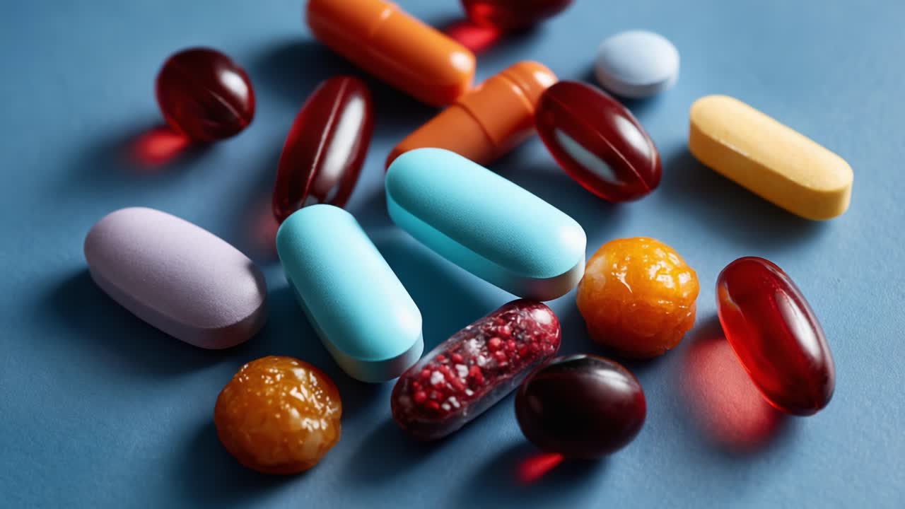 A Close-Up Look at a Colorful Array of Various Capsules and Tablets Spread Out on a Blue Background, Showcasing Different Shapes and Textures