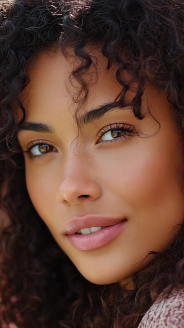 Primo piano accattivante di una donna con bellissimi capelli ricci e pelle radiosa, che cattura la sua bellezza naturale e gli occhi espressivi in un'illuminazione calda.