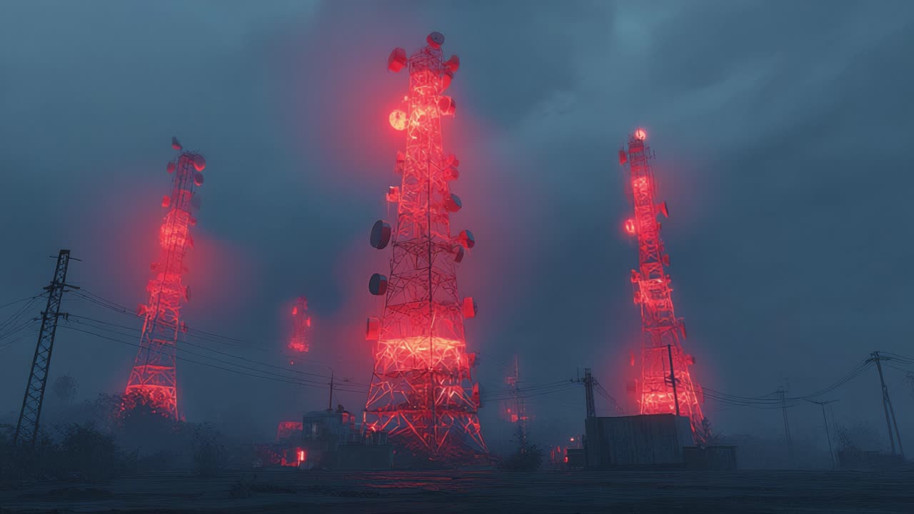 Telecommunication towers with red warning lights illuminating a thick, atmospheric fog during a dark, moody night, creating a mysterious and futuristic industrial landscape with many antennas