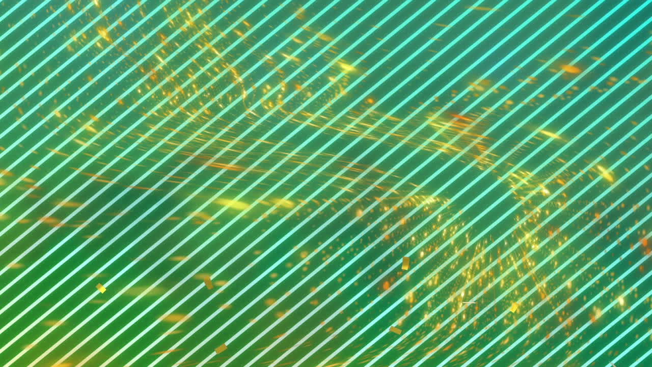 animación de confeti y estrellas sobre un fondo a rayas verdes