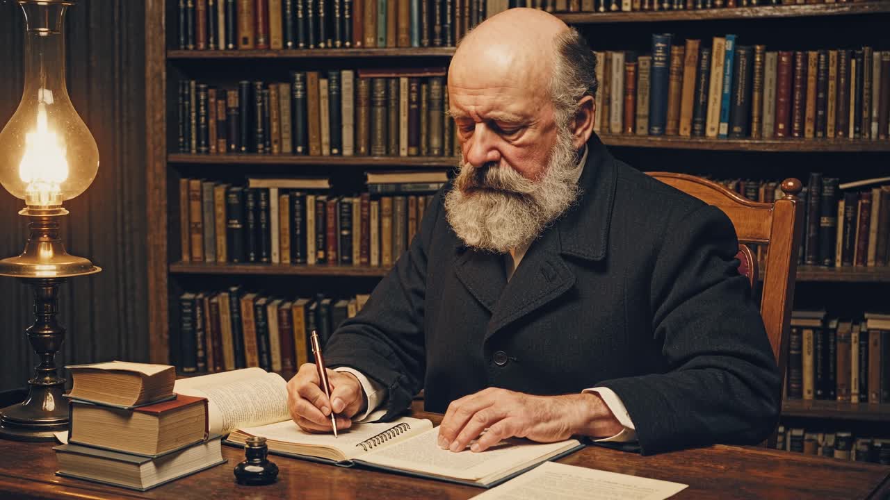 Vintage-style video still of an elderly man writing at a desk in a library