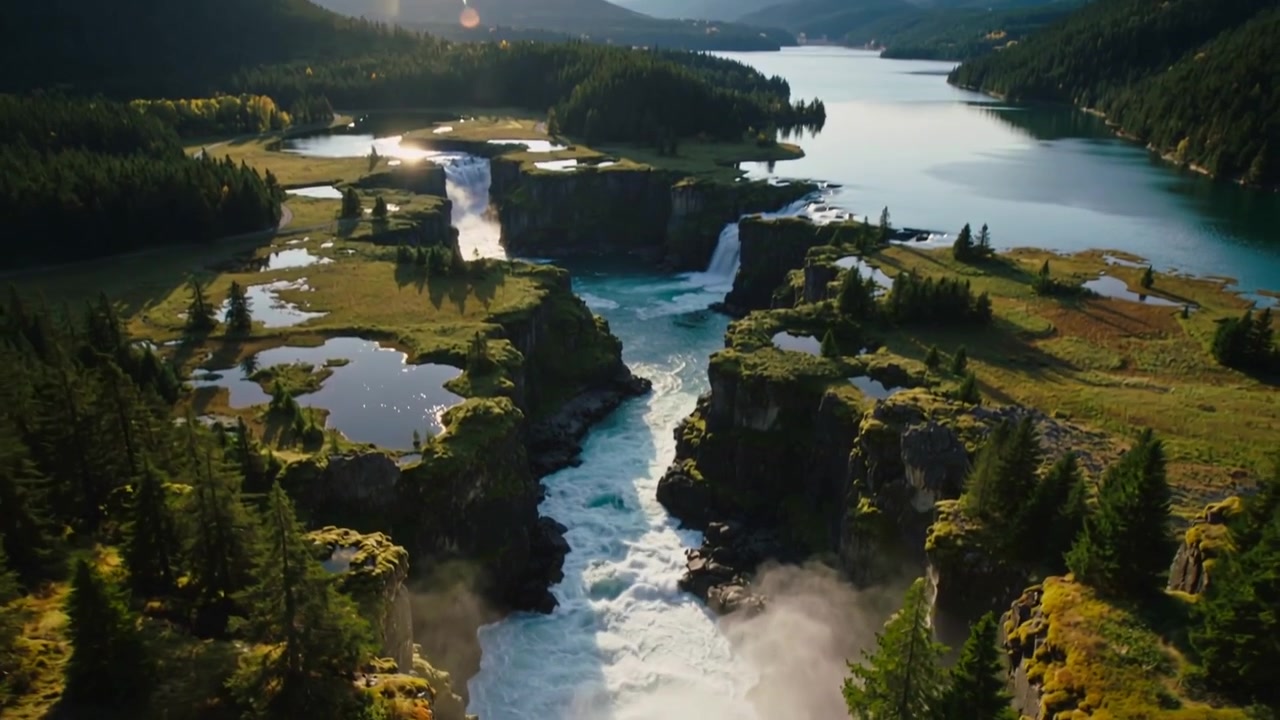Pulling back, aerial camera revealing cascading waterfall and mist in mountain gorge, showing ponds