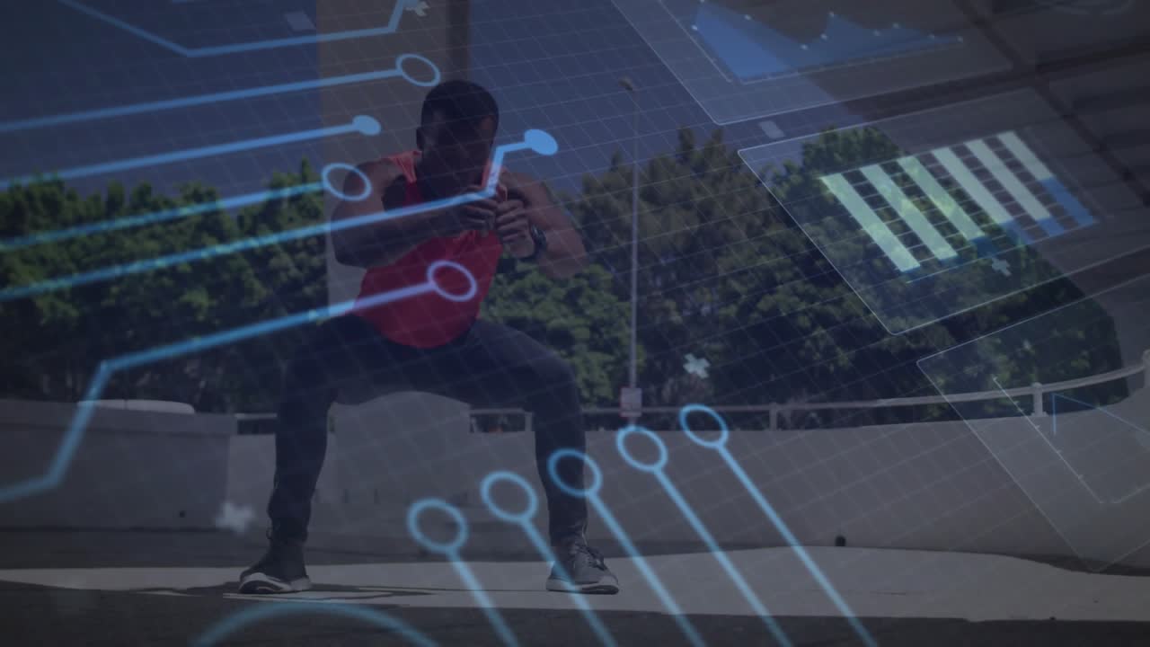 Man tapping wrist device, moving from side lunge to low squat on platform, HUD tracking fitness