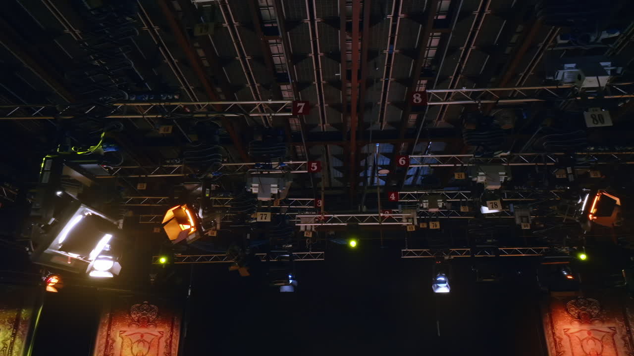 Flashing studio lights equipment on the ceiling of a TV set