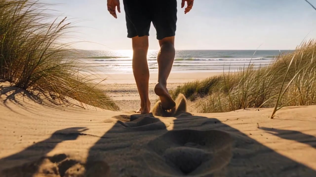 Uomo a piedi nudi con pantaloncini scuri che cammina giù dalla cresta di una duna verso il mare, calciando la sabbia e lasciando impronte e un'ombra.
