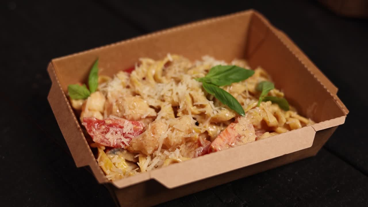 Pasta dish in a takeaway container