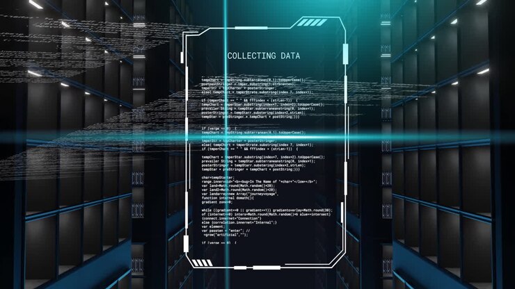 Animation of blue scanner beams and collecting data file processing over dark computer servers