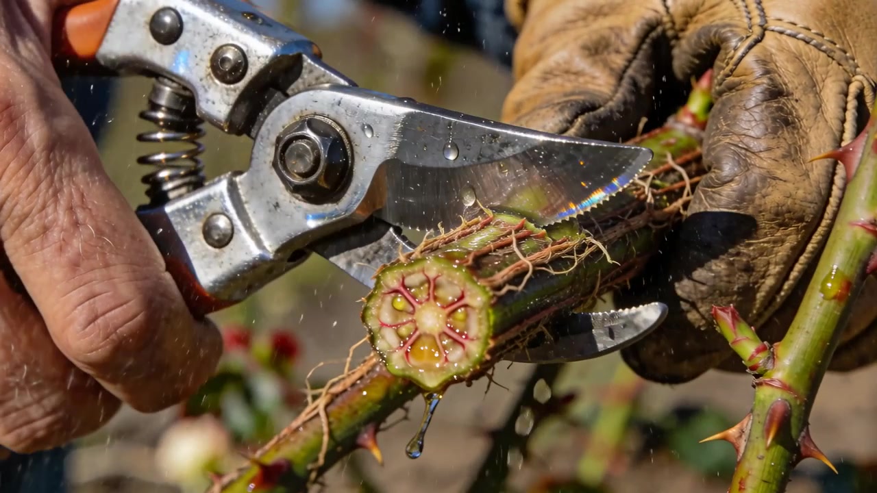 Una mano che taglia con le cesoie e una mano guantata che stabilizza il fusto in giardino per potare, con la linfa che schizza.