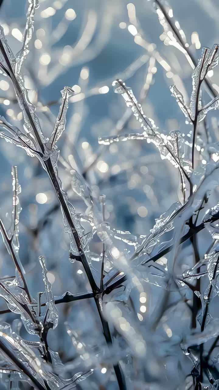 Vertical video: Swaying iced twigs catching sun in cold clearing, showing melting beads and bokeh