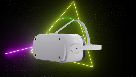 animación de auriculares vr sobre formas de neón brillantes que se mueven sobre un fondo negro