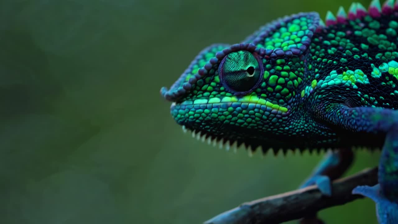 Close-up video still of a colorful chameleon in profile. The low-angle shot highlights its textured