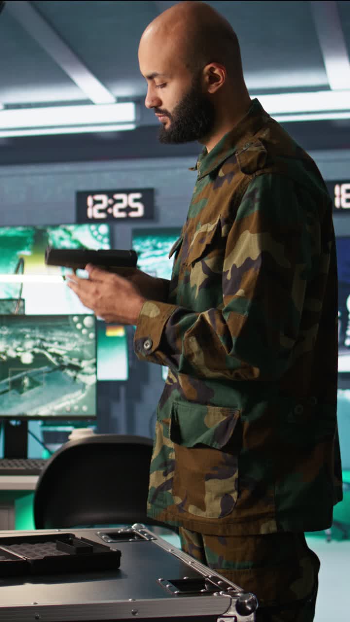 Vertical video Close up of army soldier in command center packing guns
