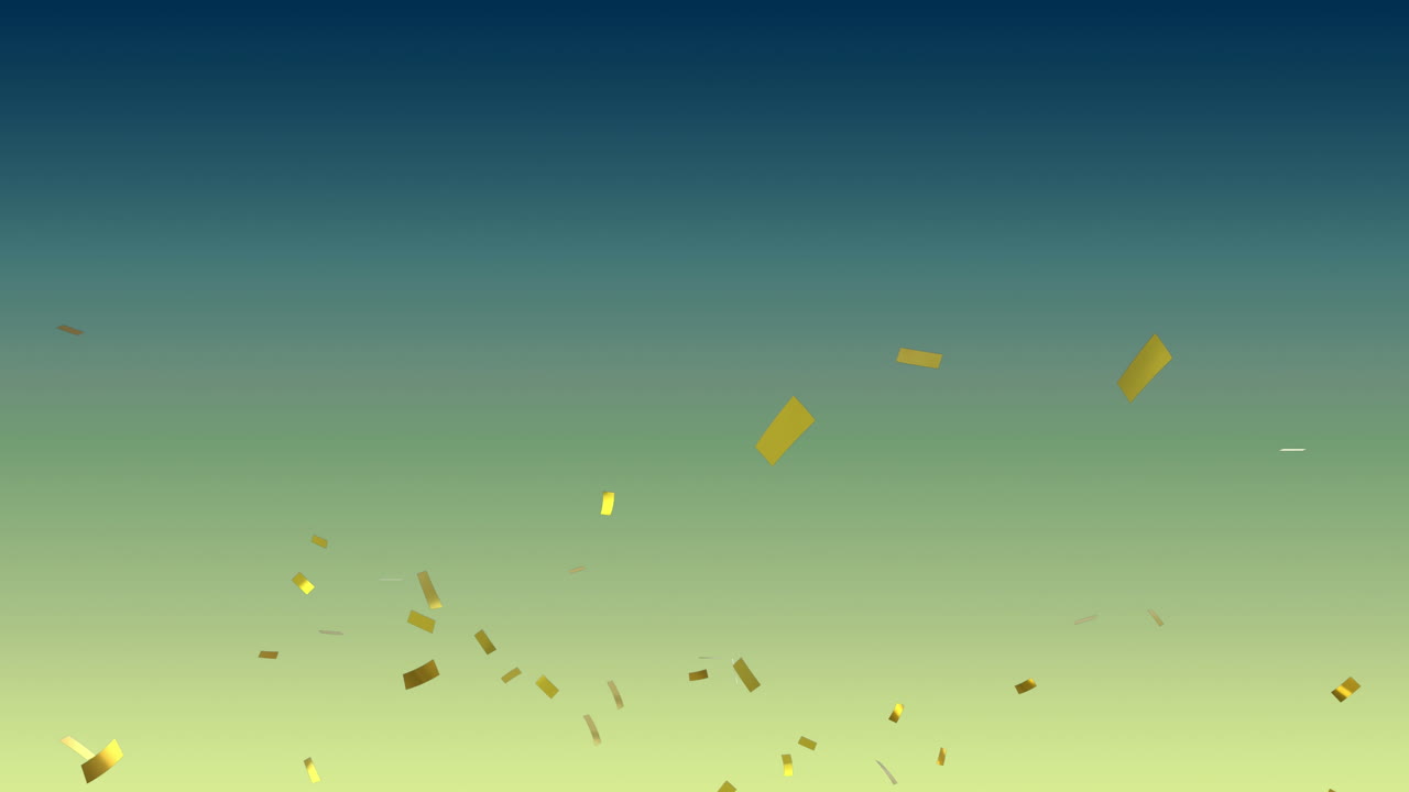 Animasi confetti berjatuhan di atas latar belakang gradasi biru ke kuning