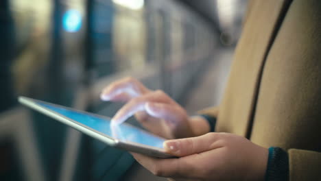 Frau-Benutzt-Tablet-PC-Am-Abfahrenden-Zug-In-Der-U-Bahn