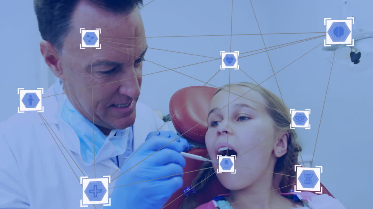 dentista examinando los dientes del niño con iconos médicos y conexiones de red animación