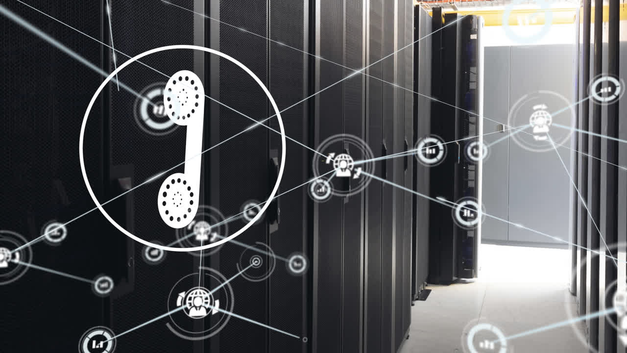 animación de iconos digitales, servidores informáticos y procesamiento de datos