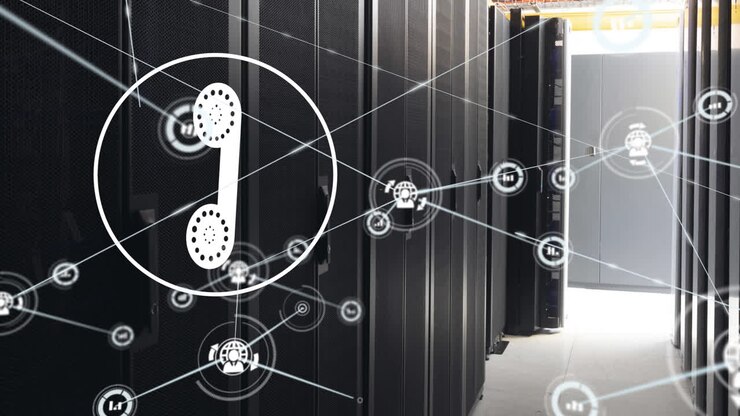 Animation of digital icons, computer servers and data processing
