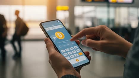 a close-up view of using a mobile application for cryptocurrency transactions with a focus on bitcoin at an airport setting