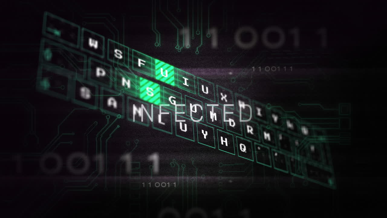 Animation of infected text over data processing on black background