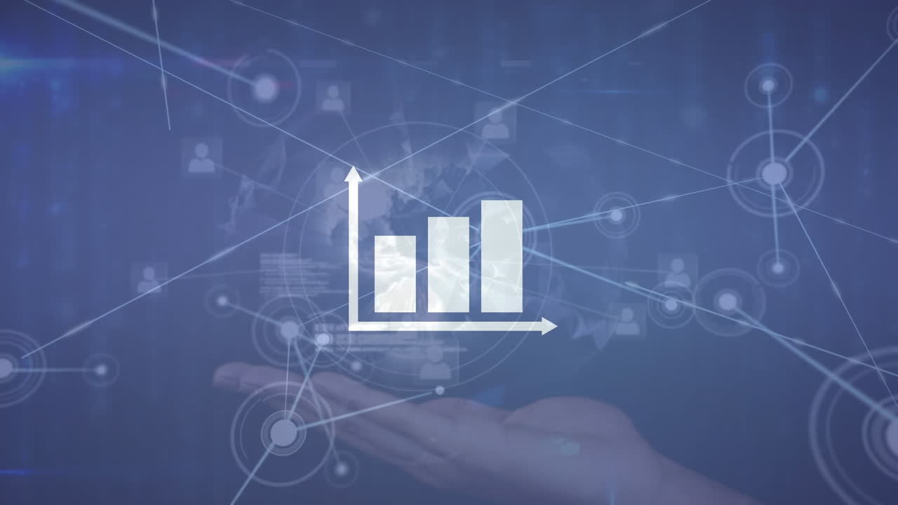 animación de un gráfico estadístico sobre una red de conexiones y un globo en la mano