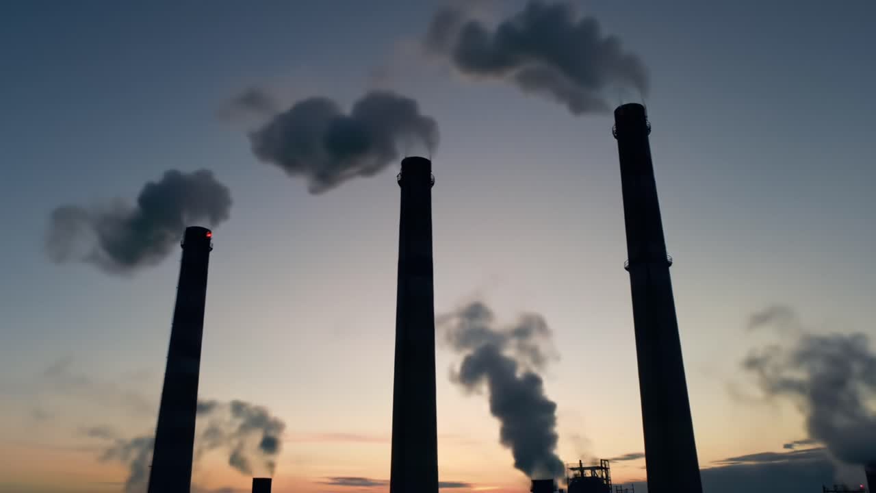 Industrial Chimneys Emitting Smoke at Dusk - A Representation of Pollution and Industrialization with Silhouettes Against a Beautiful Sunset Sky