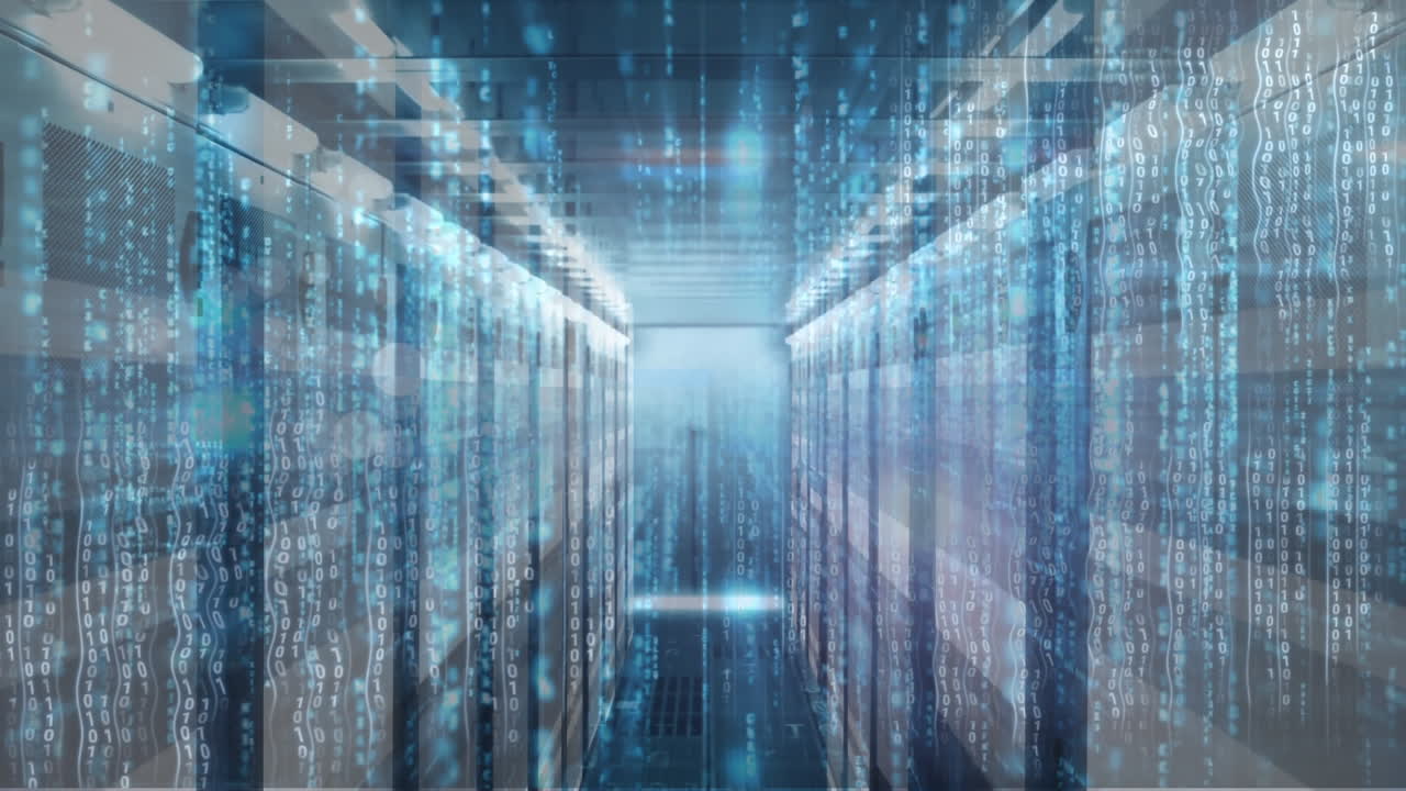 Animation of illuminated computer language and binary codes over data server racks
