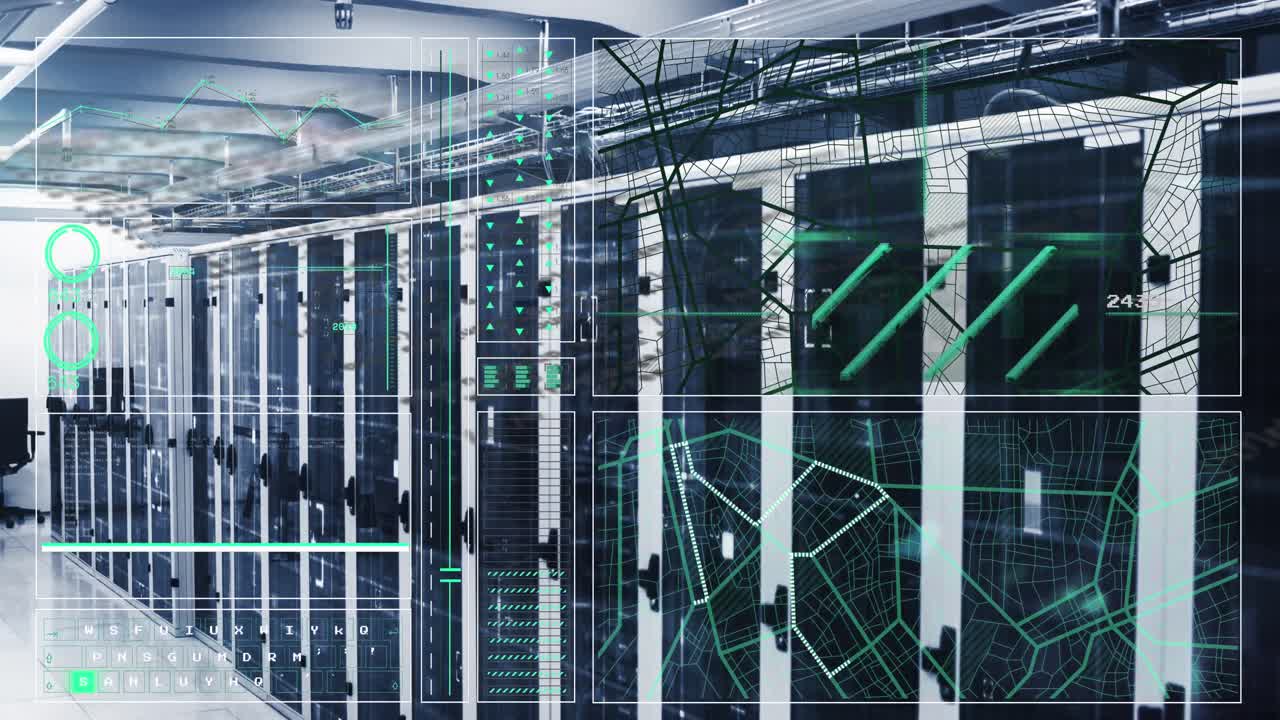 Animation of interface with data processing against computer server room