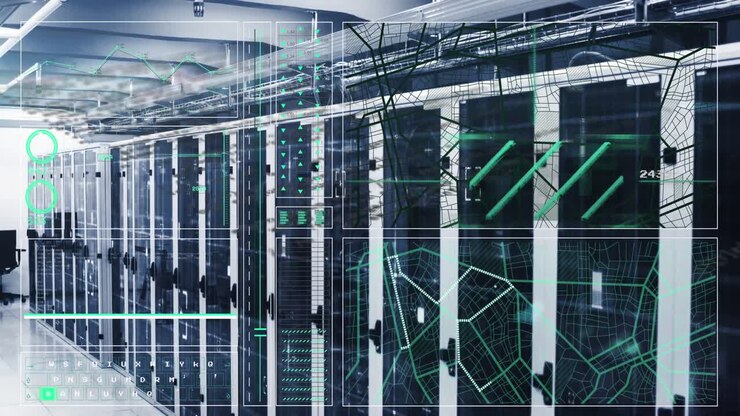Animation of interface with data processing against computer server room
