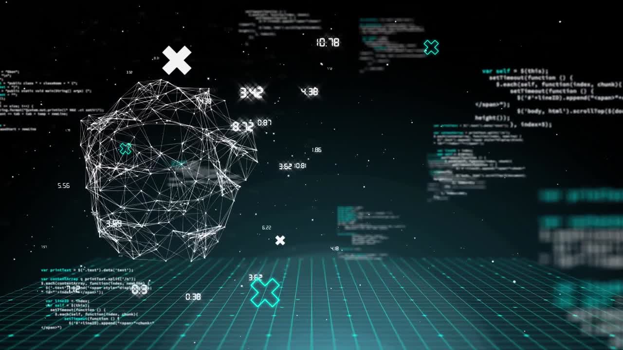 Animation of data processing and globe on black background