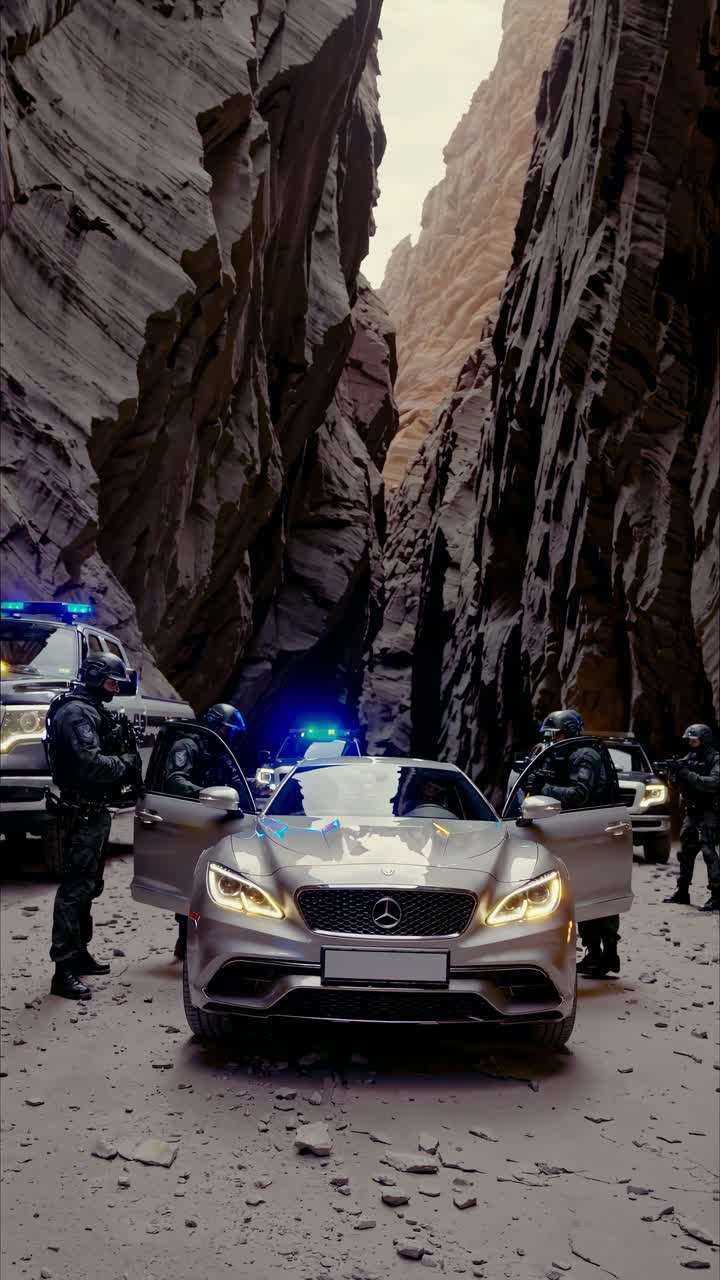 Law enforcement officers escorting a sleek silver luxury car through a dramatic narrow canyon, providing security and ensuring safe passage amidst rugged rock formations and arid terrain