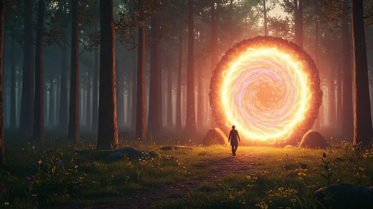 A Mysterious Portal Emerges in an Enchanted Forest, Inviting a Curious Wanderer to Explore Uncharted Realms Beyond the Vibrant Energy Spiral