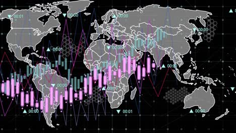 Animation-of-data-processing-over-grid-network-against-world-map-on-black-background