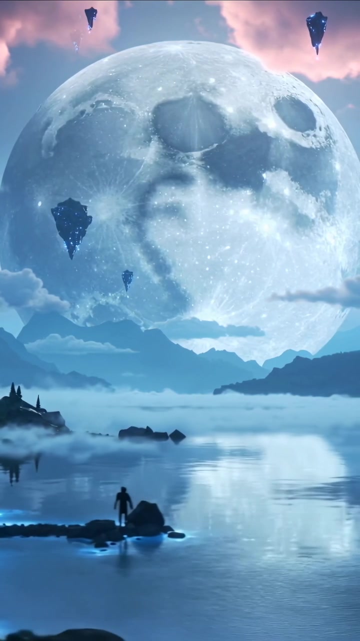 Video verticale: Sotto il chiaro di luna, una figura ammantata cammina sulla sponda del lago, osservando la luna piena di crateri.