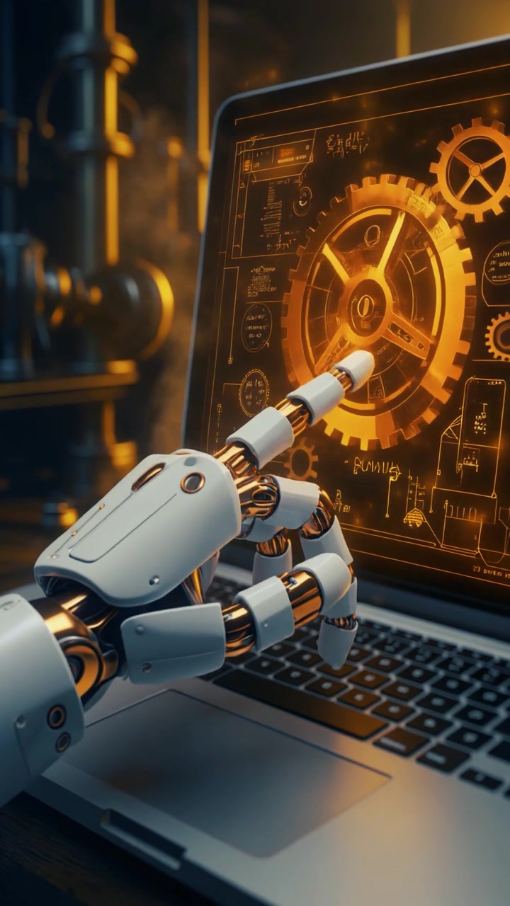 Robotic Hand Interacting with Digital Gear Interface on Laptop Screen